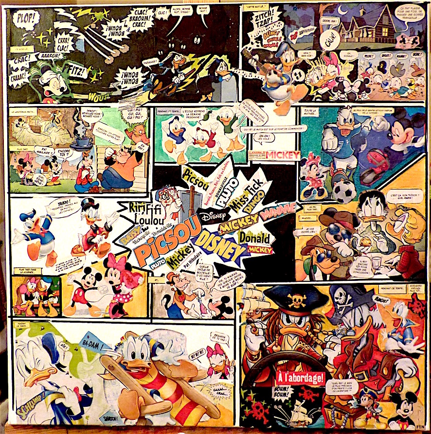 Mickey et ses amis - collage sur toile, marqueur - 50x50 - 200 €