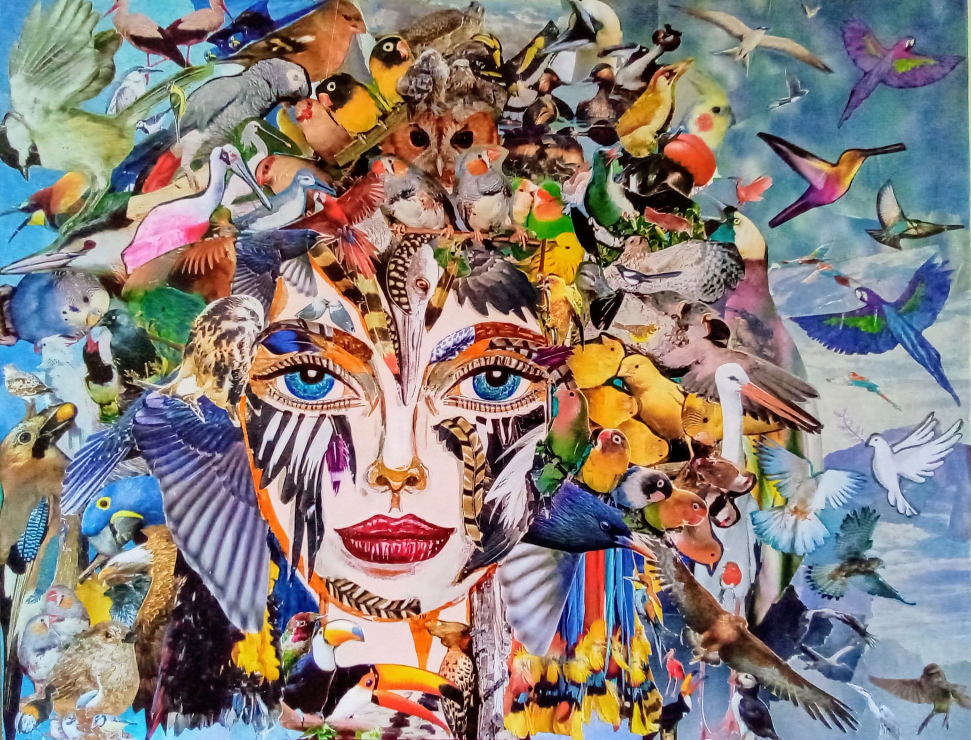 Elle, aux mille ailes -  Collage sur calendrier - 55x43 -  450€.