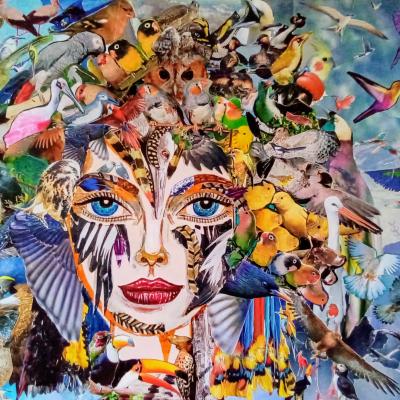 Elle, aux mille ailes -  Collage sur calendrier - 55x43 -  450€.