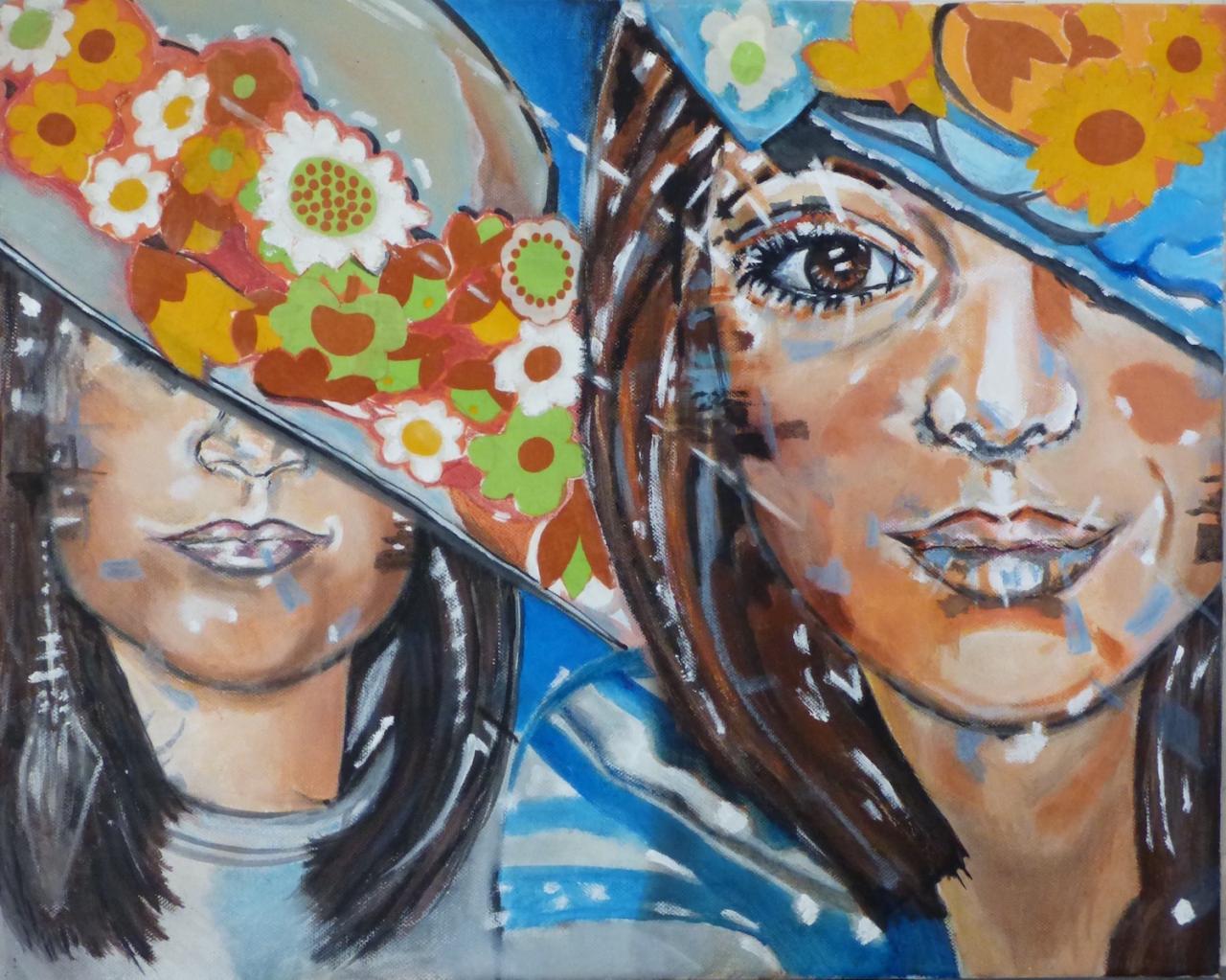 Jeunes filles aux chapeaux - Acrylique sur toile et collage tissu - 40x50 - 180 €